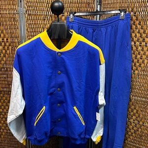 9932 Bullock & Jones Size L Purple Grey Yellow Varsity Jacket and Pants Set